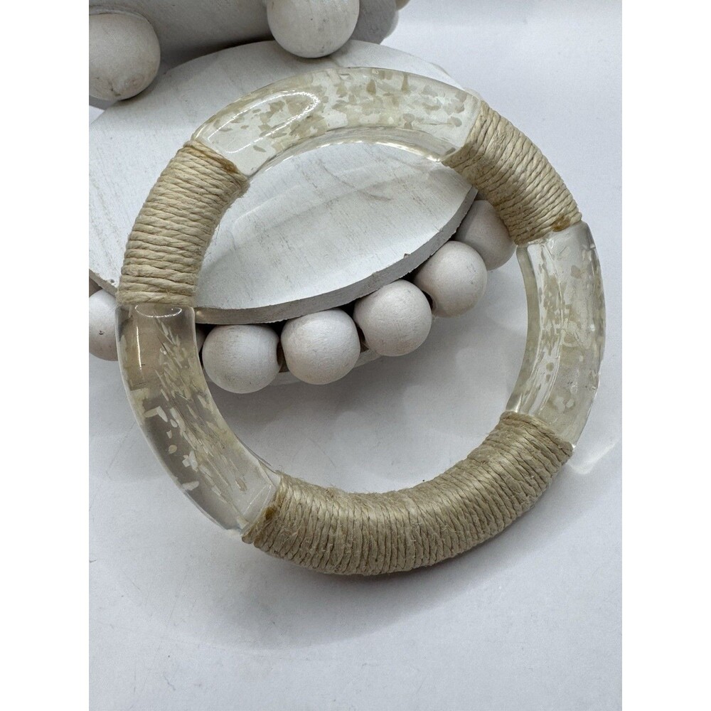 Vtg Lucite Bangle Bracelet Iridescent Inclusions Mother Of Pearl Twine Wrapped